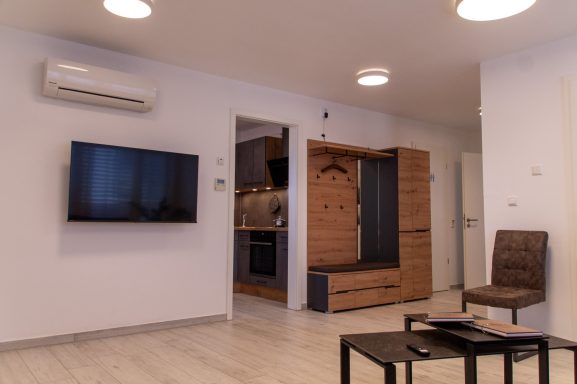 Wohnzimmer mit Blick zum Gang und Küche